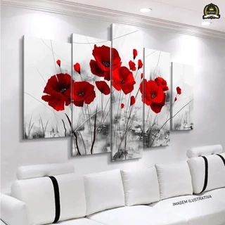 Quadro Decorativo em MDF Flores Vermelhas - Mosaico com 5 placas 1,18m x 60cm com 3mm de espessura