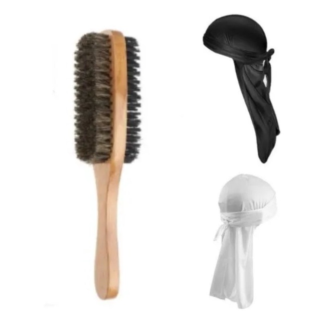 kit 1 Escova Dupla 1 Bandana Dureg preta e 1 Bandana Durag Branca Waves Hip Hop Trap Rap