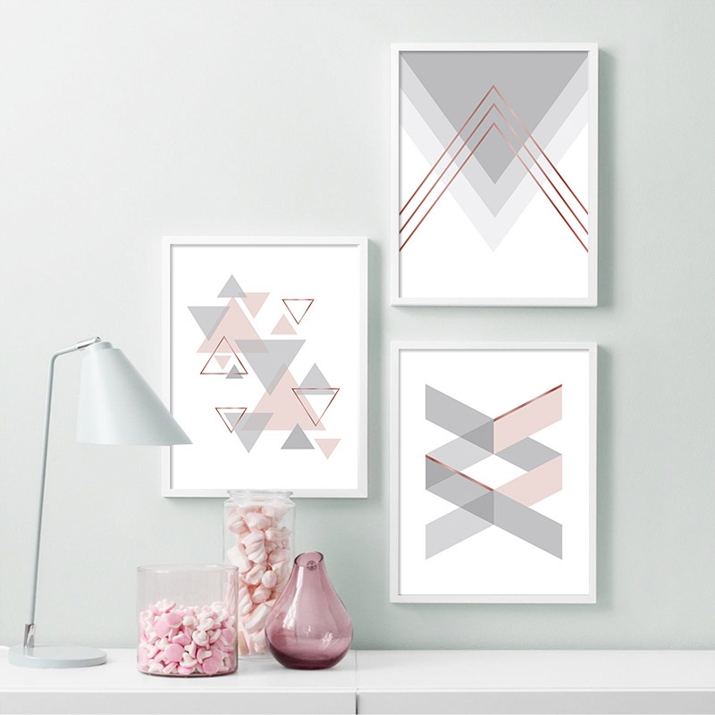 Quadro decorativo Rosa cinza seta geométrica decoração para casa sala quarto