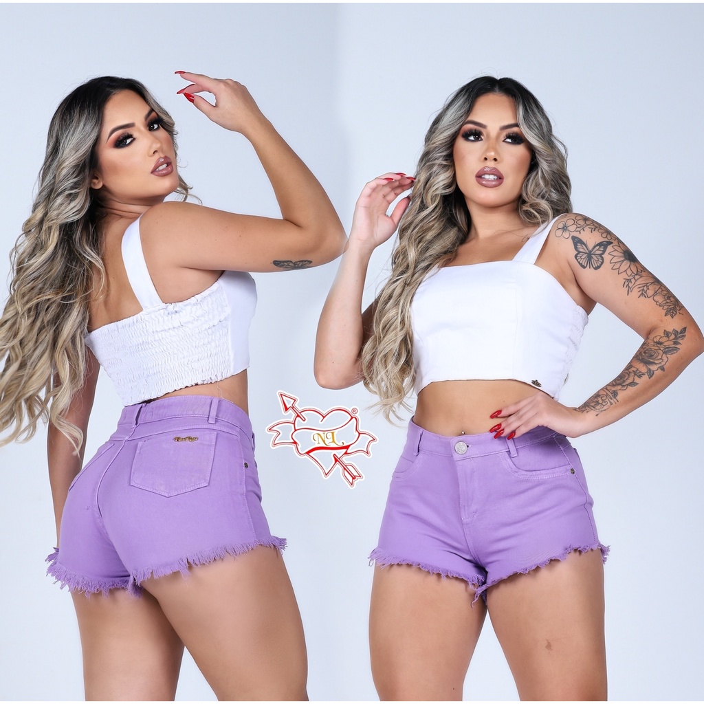 Shorts Color Jeans Feminino Sarja Brim Bolsos Cós Alto Verão em Promoção na  Americanas