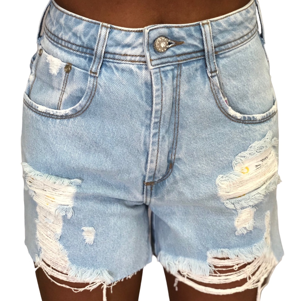 Short Jeans Feminino Shorts Cargo Com Lycra Cintura Alta Barra Mom