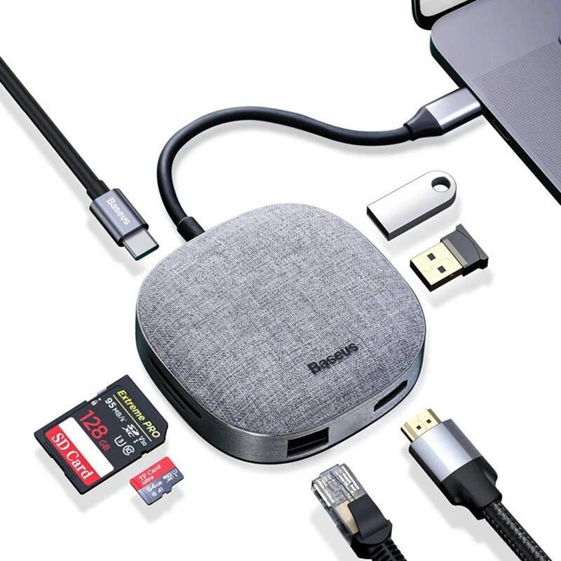 Hub USB-C 7 Entradas - Baseus - 2 USB 3.0 + 1 HDMI 4K + 1 Micro SD Card + 1 SD Card + 1 RJ45 Gigabit 10/100/1000 + 1 USB C