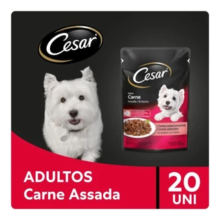 Caixa 20un Ração Úmida Cesar Sachê Cães Adultos Carne Assada ao Molho 85g em Oferta na Shopee