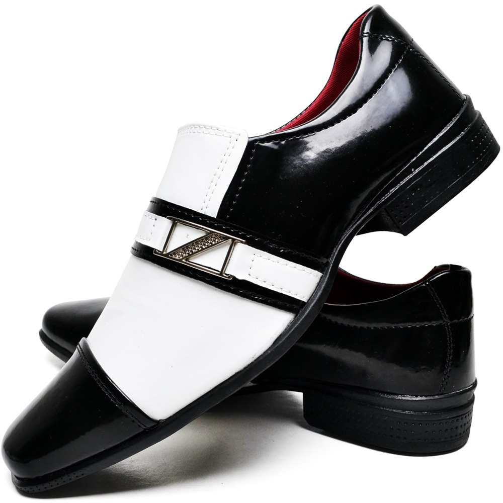 Sapato masculino de verniz fashion preto e branco