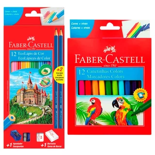Kit Faber Castell com Lápis de Cor Borracha Apontador 2 Lapis grafite Canetinhas Hidrográficas em Oferta na Shopee