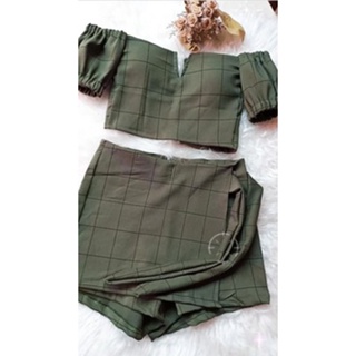 Conjunto no bengaline com short saia com amarração lateral e cropped com decote V Shopee