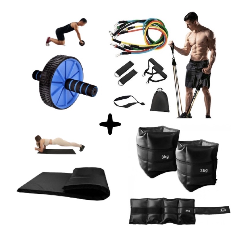 Kit Academia Colchonete + Kit Elástico 11 Peças + Caneleira 3kg + Roda