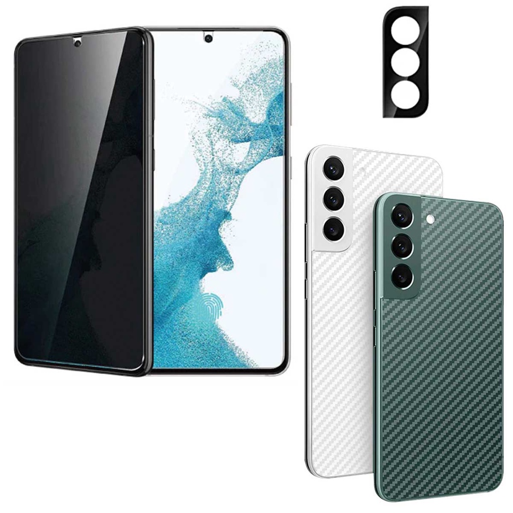Kit 3x1 Película Frontal Privacidade + Película Traseira Fibra + Película de Câmera para Galaxy S22 Plus