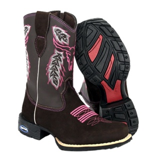 Bota Texana Menina Country Couro Legítimo Bordado Boi Flores Rosa Com Zíper