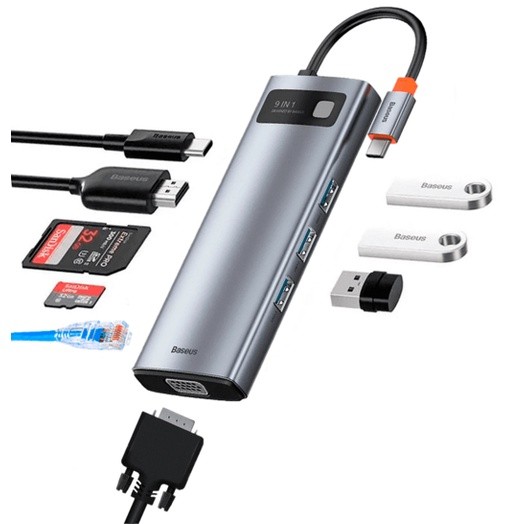 Hub Dock Station Usb C - Baseus - 9 Entradas: HDMI 4k + VGA + RJ45 Ethernet + TF Card + SD Card + USB-C PD + 3x USB 3.0