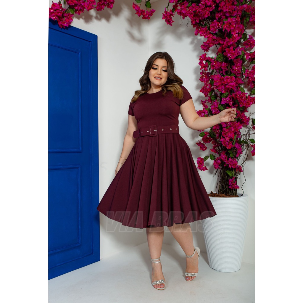 Vestido Mídi Bordo liso -  Com Cinto Moda Evangélica em Oferta na Shopee