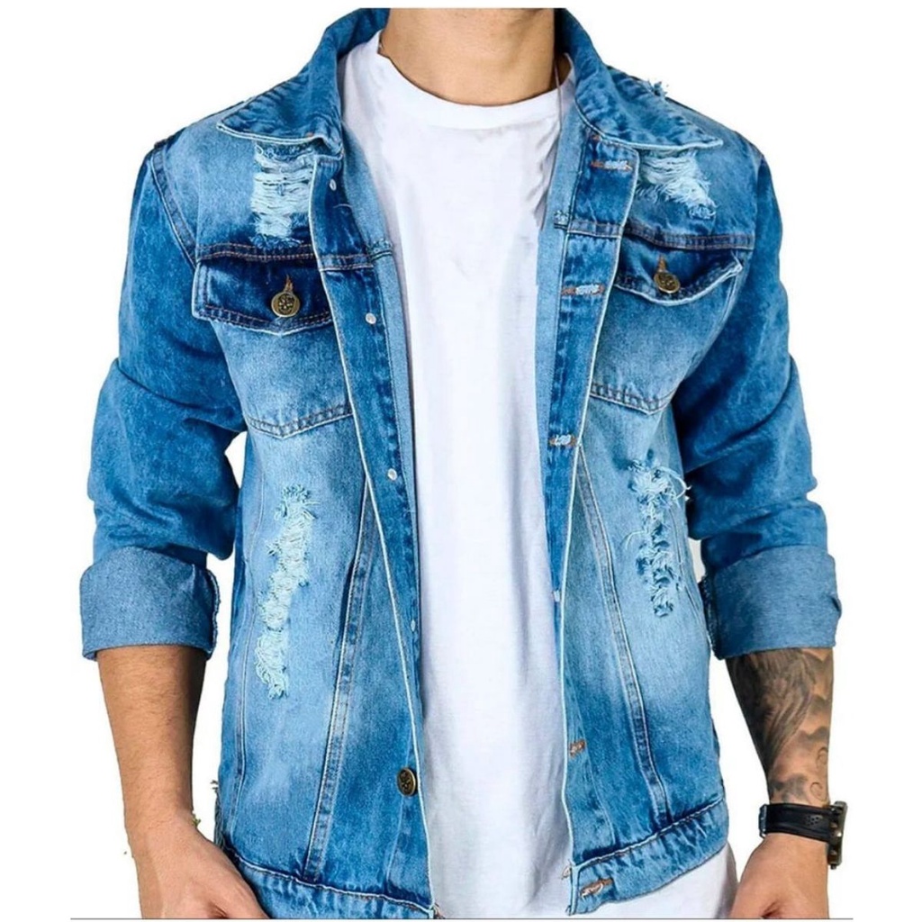 jaqueta jeans masculino destroyed grife slim fit lançamento