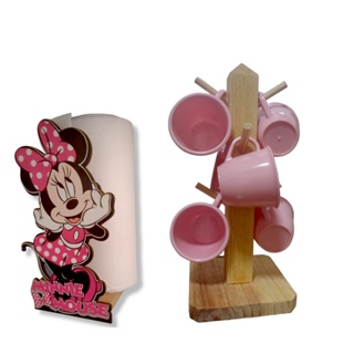 Kit Jogo de Xicaras de Café com Suporte + Porta Rolo Papel Toalha Minnie Mickey