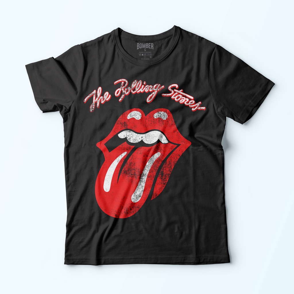 Camiseta Preta banda Rolling Stones Tongue and lips logo 100% algodão Bomber Rock