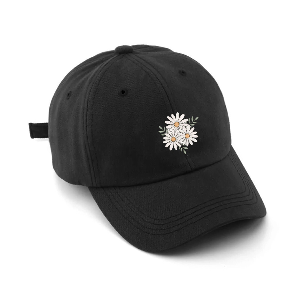 Bone Baseball Preto Flores Margarida Branca
