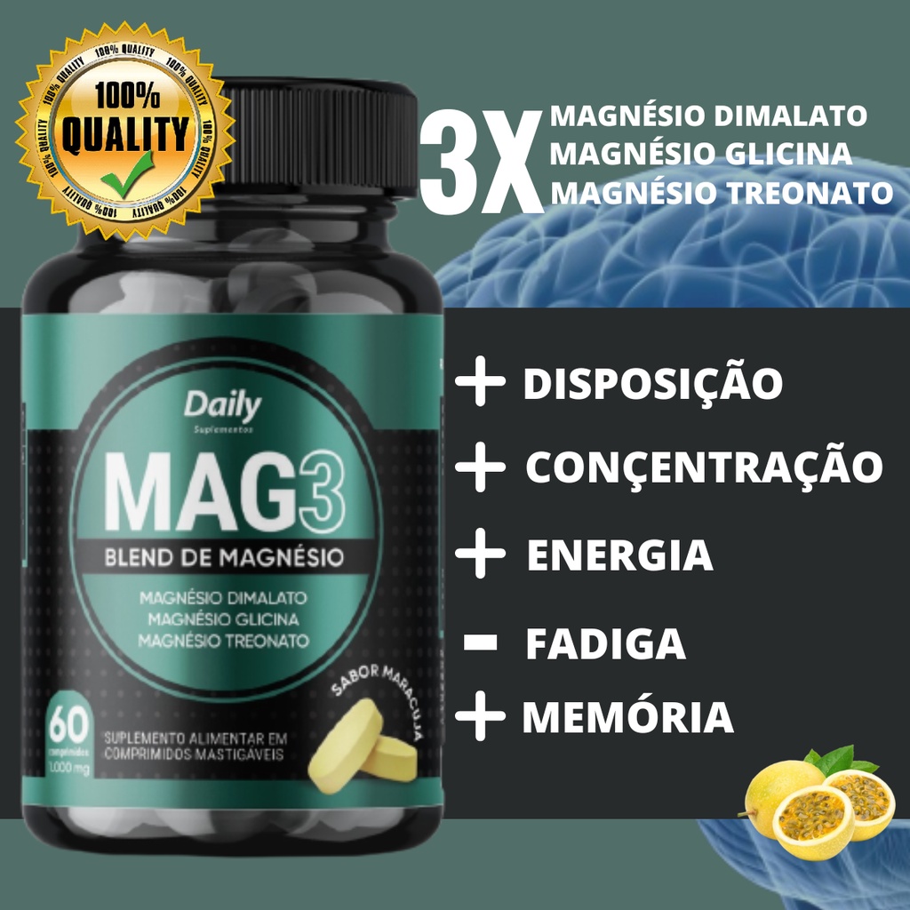 Blend de Magnésio Mag3 Original Daily Para Concentração Memória Insônia ...
