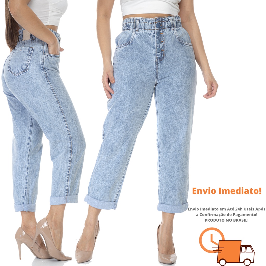 Calça Jeans Mom Super Alta com Elástico Cós