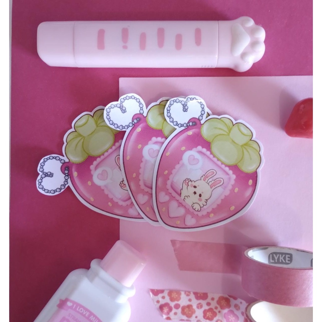 Adesivo Bunbun tamagotchi morango fofo mascote strawberry gameboy sticker kawaii cute rosa aesthetic coelhinho bunny coelho
