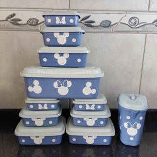 Kit 10 peças + jarra pequena 1,3 litros azul Mickey e Minnie (adesivado)