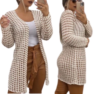 Blusa Feminina de Tricot meia estação Casaco Blazer com Gola Quadriculado