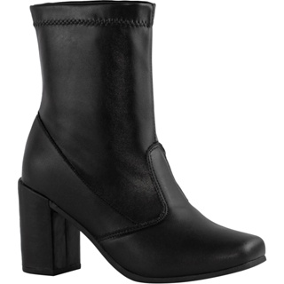 Coturno Feminino Confortável Salto Alto Grosso Bota Cano Médio Stretch Macio Bico Quadrado Square Calce Fácil