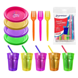 Kit Festa Neon Colorido 100 Copos Neon + 100 Canudos 100 Pratos + 100 Garfos - 33%off
