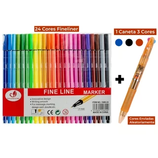 Kit Caneta Ponta Fina Fineliner 24 Cores + Caneta Esferográfica 3 Cores