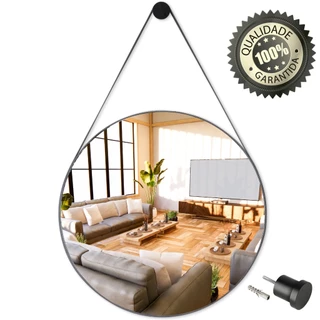 Espelho Redondo Adnet Decorativo De Parede Lavabo Banheiro c/ Alça de Couro 60cm + Pino Suporte