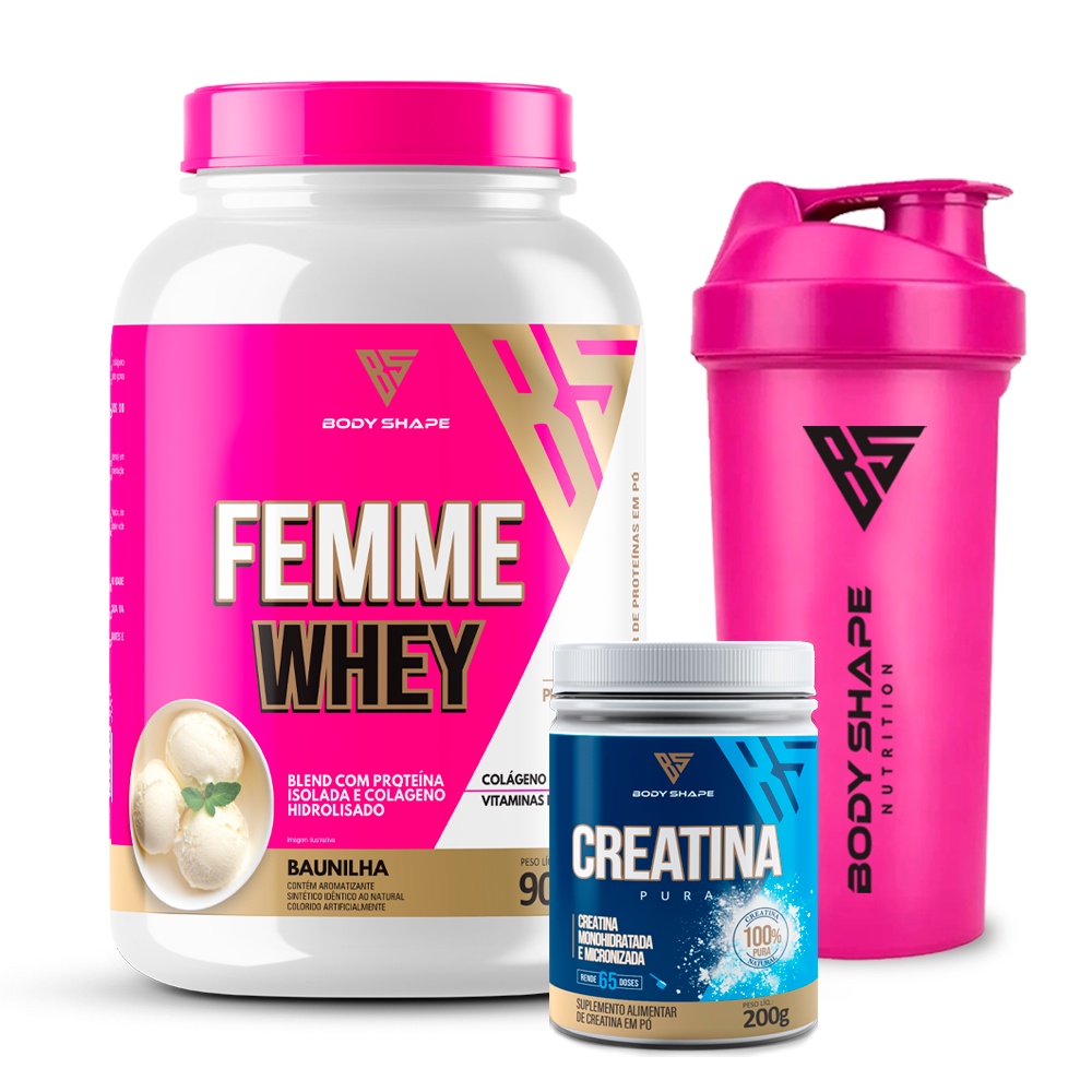 Whey Feminino 900g + Creatina 100% Pura 200g + Coqueteleira Rosa