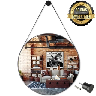 Espelho Redondo Adnet Moderno Lavabo Quarto Sala Banheiro Alça Em Couro 60cm C/ Pino Suporte Grátis
