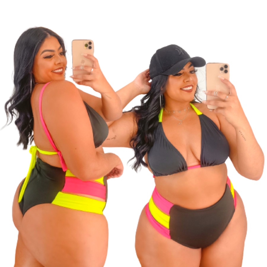 Biquini Plus Size Cintura Alta Cortininha Verão Moda Praia no Estilo