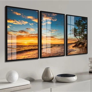 Quadro Decorativo Paisagem Praia Mar Por do sol com Moldura 3 peças