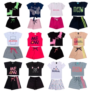 Kit Sortido 12 Peças de Roupas Infantil Menina 6 Blusas + 6 Shorts Kit com 6 Conjuntos Menina