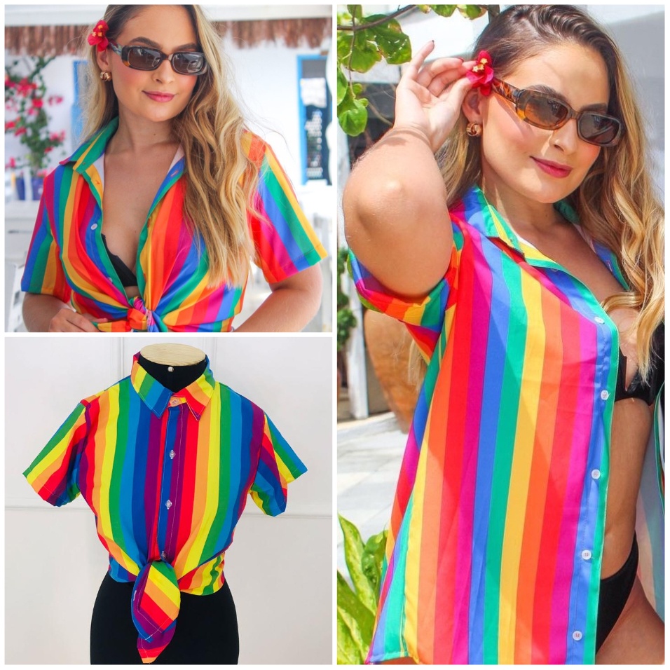 Camisa Botão LGBTQIA+ Arco-íris Alegre Vibrante Moderna