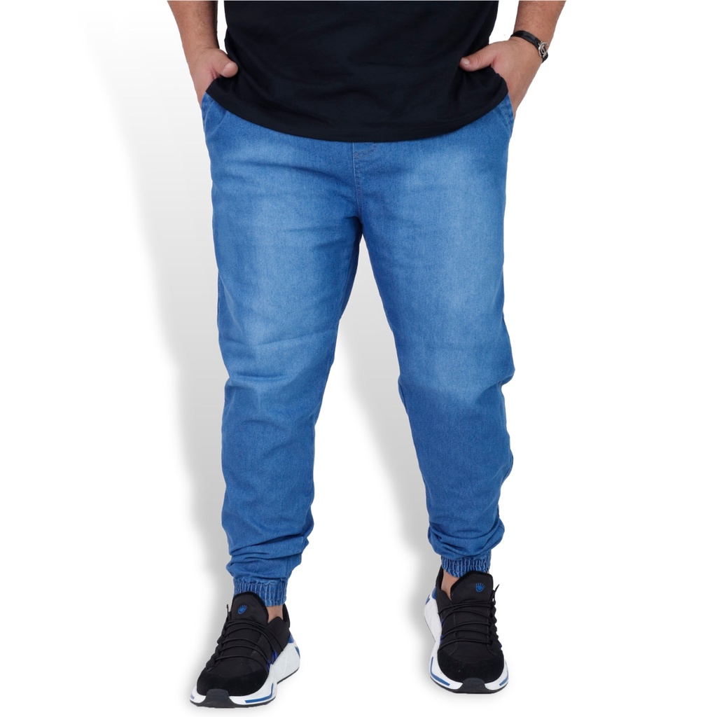 Calça Plus Size Jogger Jeans e Sarja Masculina Com Punho Elastico e Cordão Ajustável