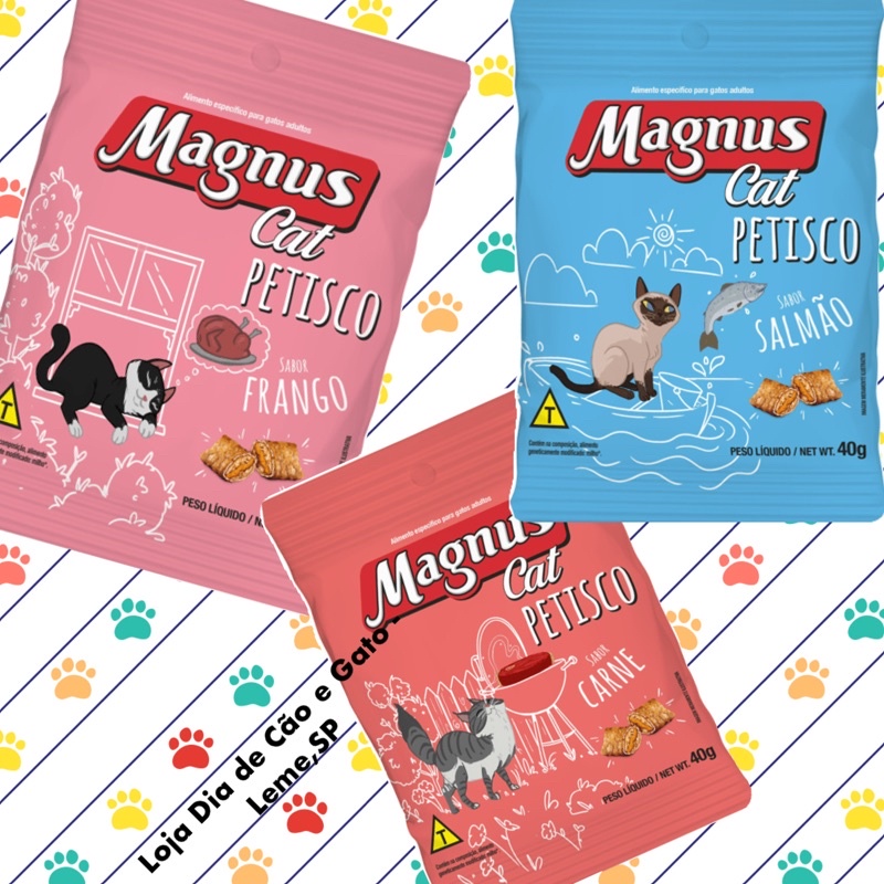 Kit 5, 10, 15, 20 ou 25 Petiscos para Gatos Magnus Cat 40g – Semelhante ao Party Mix – Carne, Frango e Salmão