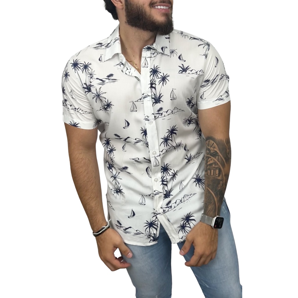 Camisa Floral Masculina Manga Curta Slim Praia Blusa Social