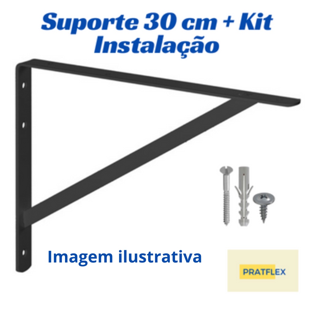 Kit 4 Suportes Mão Francesa para Prateleira 30 cm Preta + Kit Instalação