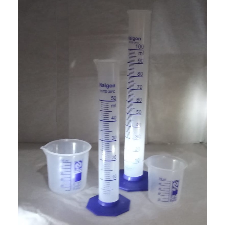 Kit 4 peças, sendo, Provetas 1x50ml + 1x100ml e Copos becker 1x50ml + 1x100ml, em Polipropileno PP atóxico, Original Nalgon