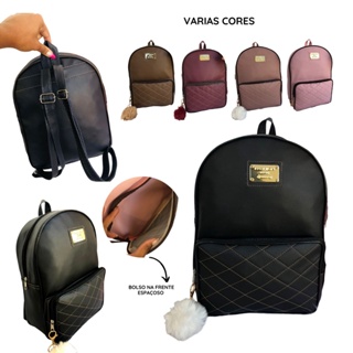 Mochila Mochilinha Feminina com Bolso Frontal Alça Reforçada + Chaveiro Pom Pom Escola Faculdade Trabalho