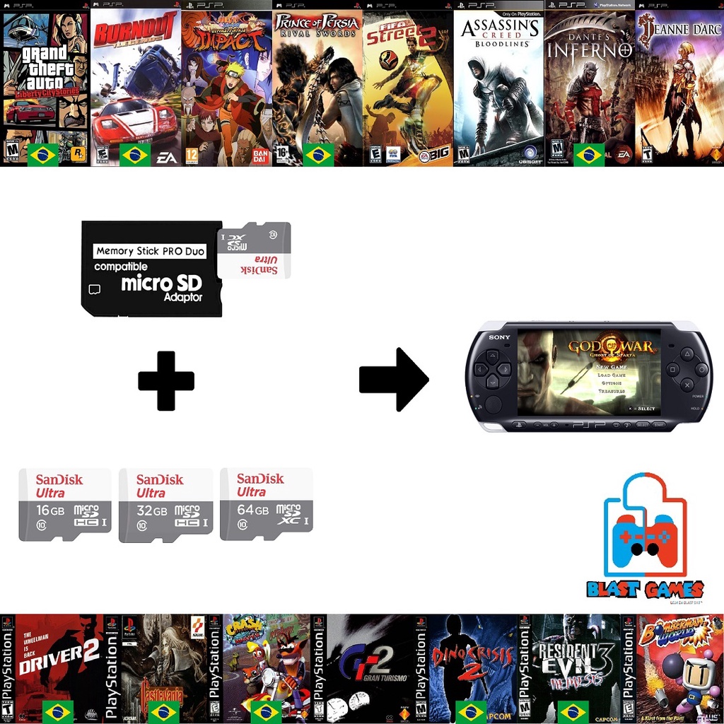 Micro SD 28.000 jogos p/ PSP 1000,2000.3000,Street