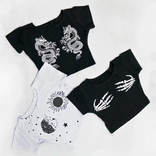 Cropped Dragão Sol/Lua Caveira Tecido Moda Gringa