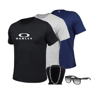Kit camisetas masculinas 3 peça slim estampada 100% algodão + óculos de sol + corrente cor prata