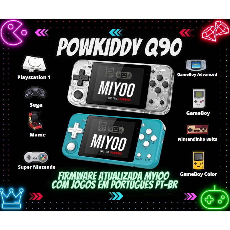 Vídeo GameBoy Powkiddy Q90 V90 16GB 64GB com 12 Emuladores com 2500 Configurado e com Jogos em Português PS1/SNES/NES/SEGA/GAMEBOY/MD/NEOGEO e muito mais ENVIO IMEDIATO