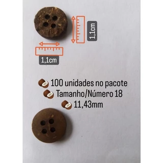 Botão de Coco Natural Redondo com 4 furos número tamanho 18 - 100 unidades