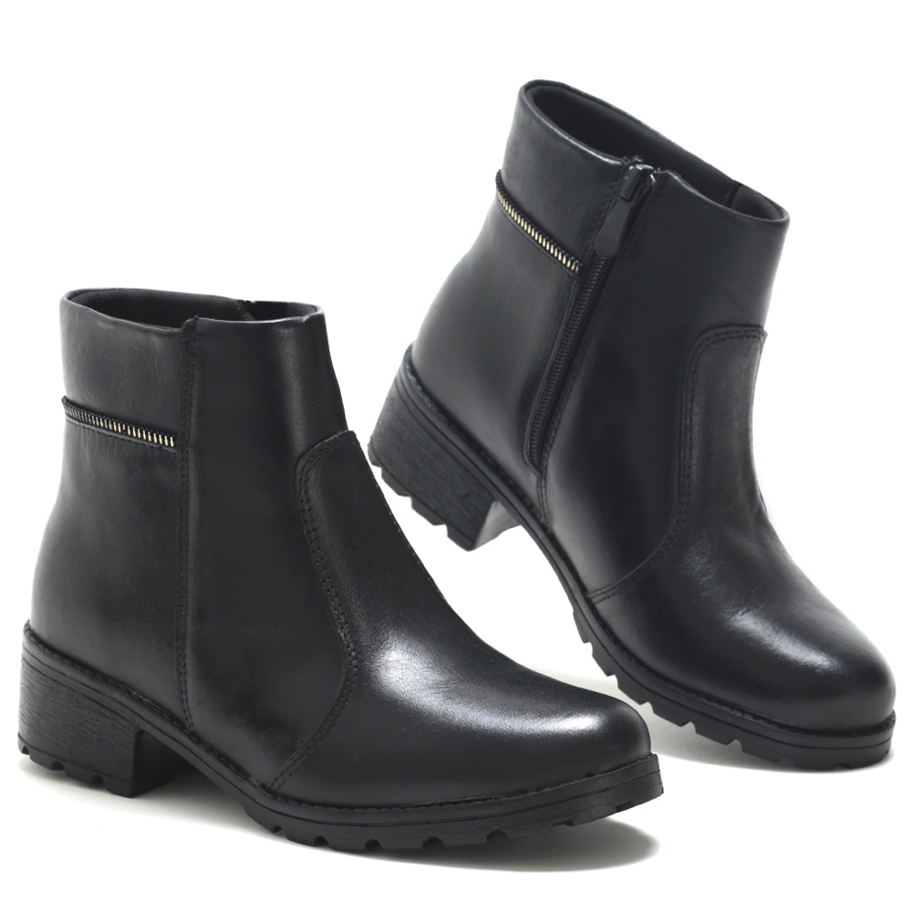 Bota Feminina cano curto preta em couro com zíper confortável | Shopee ...