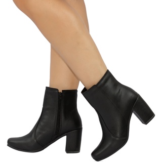 Bota Feminina Salto Alto Grosso Lumiss Cano Curto Bico Quadrado Calce Fácil Zíper Confortável