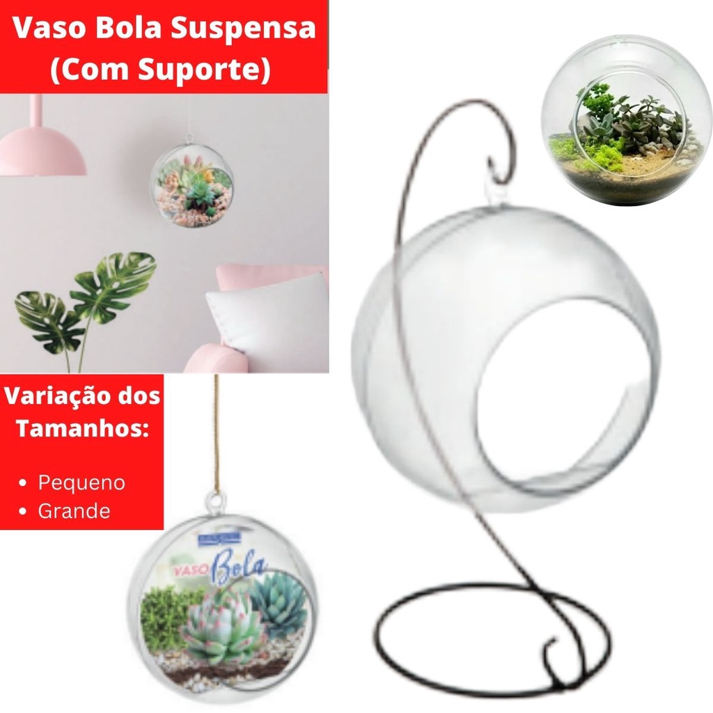 Vaso Bola Suspenso Para Arranjos Suculentas e Terrários De Acrílico Com Suporte