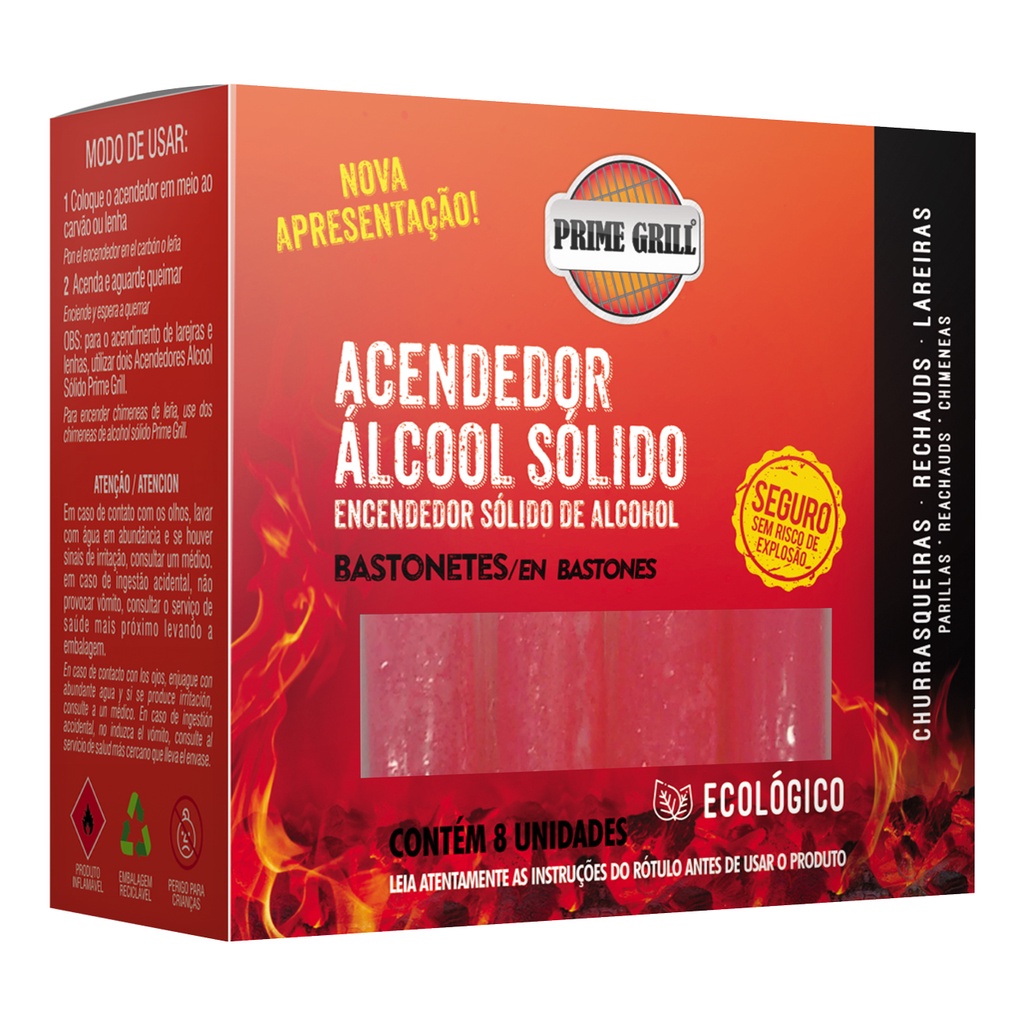 Acendedor Prime Grill para Grelhas e Churrasqueiras Álcool Sólido em Bastonetes com 8 Unidades