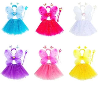 Fantasia Asas de Borboleta Fada e Saia Tule Infantil （Saia + Tiara + Asa + Varinha）